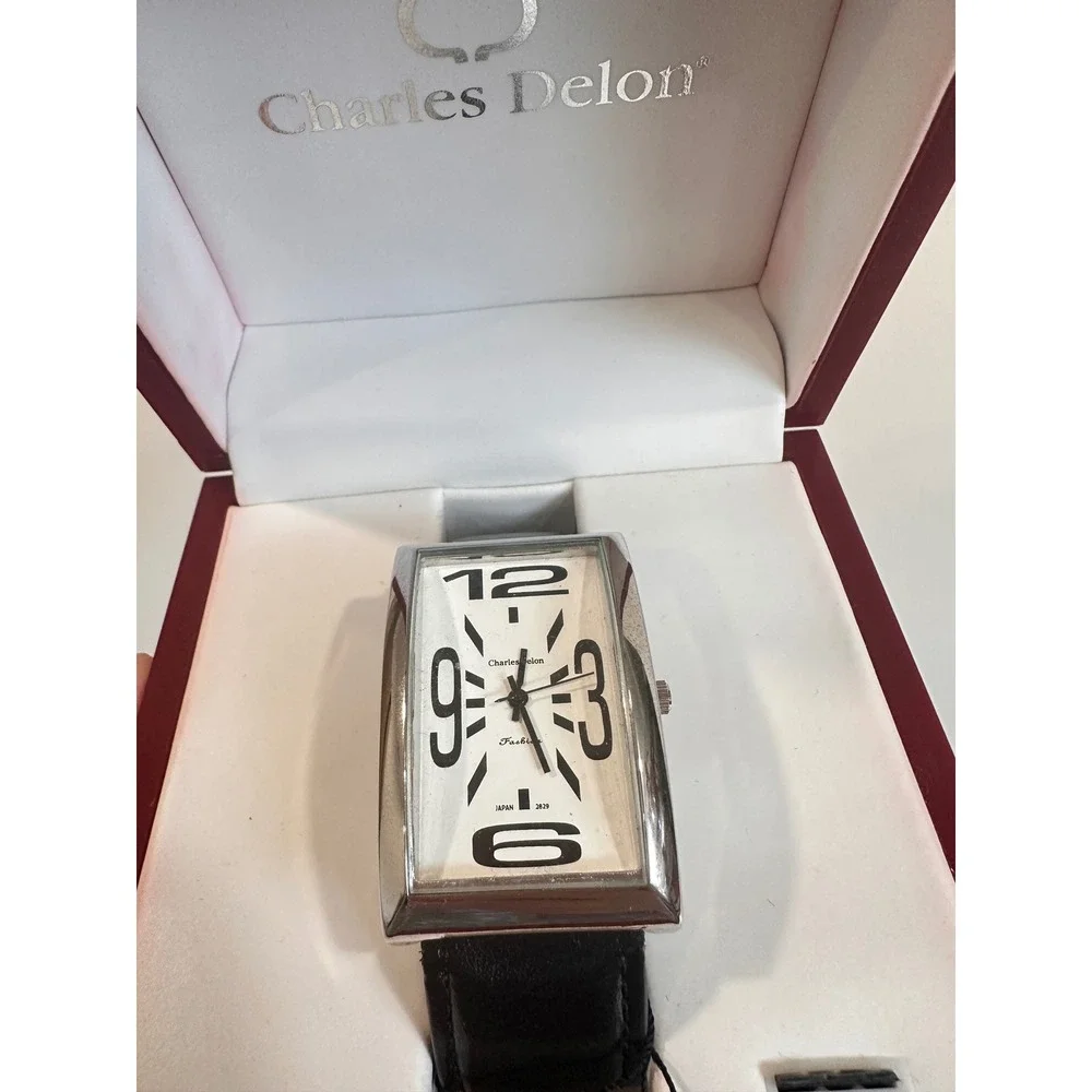 Charles Delon Vintage Watch Rectangular Silver Case Black Leather Strap 2829